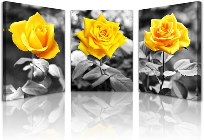 Lapremoly Black And White Wall Paintings Canvas Wall Art For Bedroom Wall Decor For Kitchen Living Room Office Decorations Yellow Rose Flowers Pictures Modern Room Home Walls Artwork Decor 3 Piece