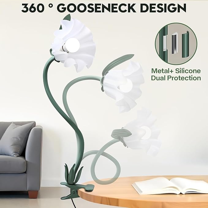 ONXE Clip On Light and Flower Desk Lamp, Flexible Gooseneck Reading Book Light with 3 Color Modes Cute Table Lamp Decor, Clip on Bedside Lamp for Bed Headboard,Table, Nursery,Dorm (Green-02)