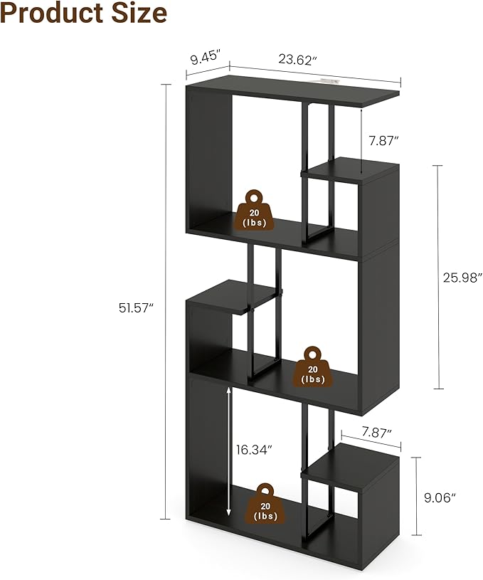 Manora 3 Tier Geometric Bookcase, S Shaped Bookshelf, Modern Black Brown Bookcase with Tall Display Shelves, Decorative Storage Shelf for Living Room and Bedroom