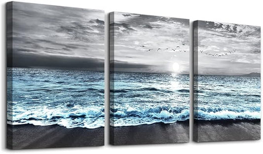 DZRWUBHS Large 3 Piece Framed Canvas Wall Art for Living Room, Office, Bedroom - Modern Home Decor Black and White Beach Painting Blue Ocean Sea Wave Pictures Artwork