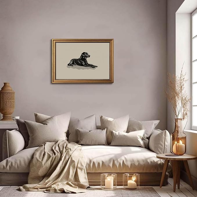 Gold Framed Wall Art Vintage Canvas Wall Art Black Dog Animals Artwork Prints Picture for Living Room Bedroom Farmhouse Bathroom Office Decor, 16x24