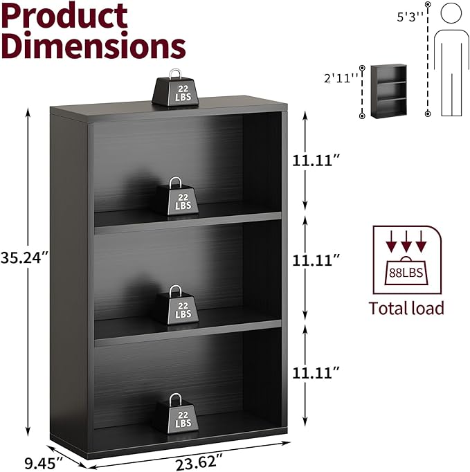 ALISENED 3-Tier Shelf Bookcase, Open Storage Bookshelf, 23.6“ × 9.4” × 35.2“, Storage Organizer Shelving for Home Office, Livingroom and Bedroom,Black