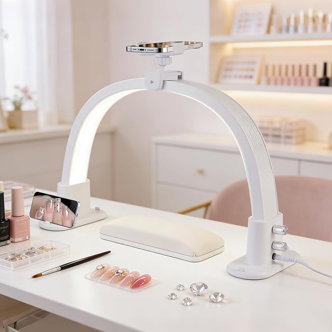 Half Moon Light for Nail Desk: 18.5" Half Moon Nail Tech Light with Phone Holder -Shadow-Free Arch Nail Table Lamp with with 3 Color Modes & 10 Brightness for Manicure Salon (White, 18inch)