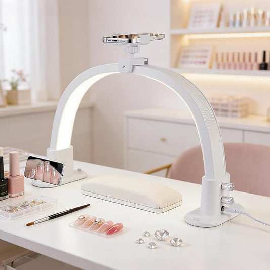 Half Moon Light for Nail Desk: 18.5" Half Moon Nail Tech Light with Phone Holder -Shadow-Free Arch Nail Table Lamp with with 3 Color Modes & 10 Brightness for Manicure Salon (White, 18inch)