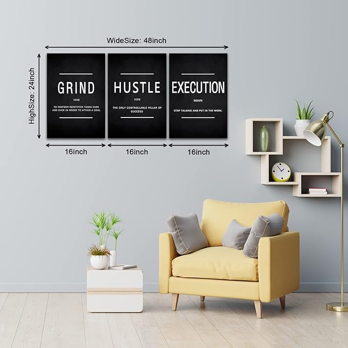 BWSPACE Grind Hustle Execution Wall Art Motivational Wall Decor Office Wall Decor Pictures Posters 3 Pieces Framed Canvas Wall Prints Artwork Home Gym Ready to Hang (48" W x 24" H, GRIND)