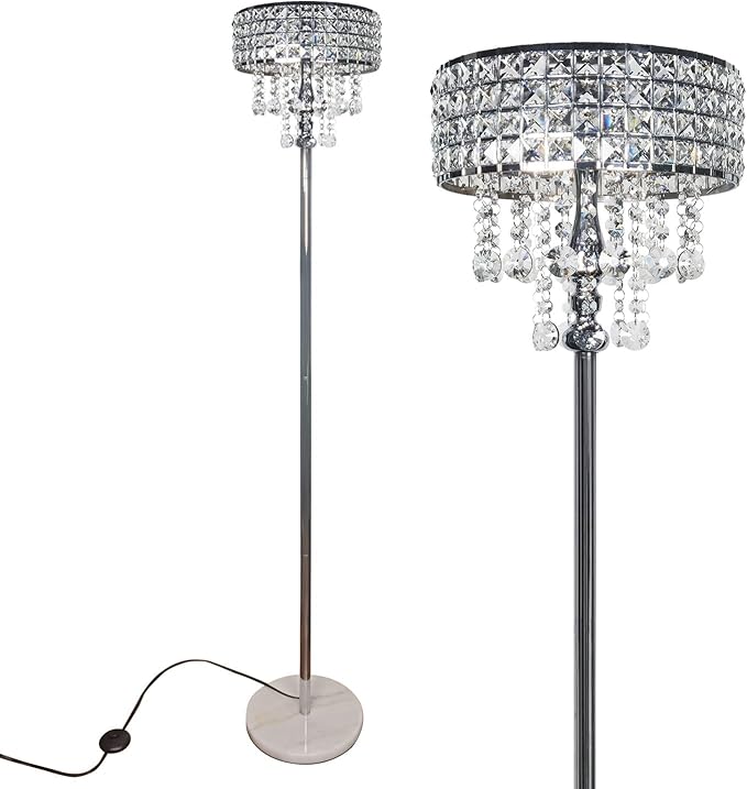 beaysyty Modern K9 Clear Glass Crystals Floor Lamp, On/Off Foot Switch, Crystal & Glass 3-Lights Standing Light, Reading Corner Lamp for Office Cafe, Living Room Bedroom (Chrome)