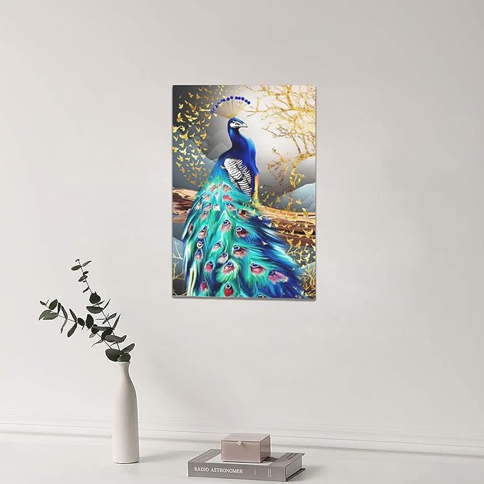 yerretin Peacock Wall Art Peacock Golden Tree Pictures Wall Decor Bird Canvas Painting Modern Decoration Artwork for Bathroom Living Room Bedroom Office Framed 16"x24"