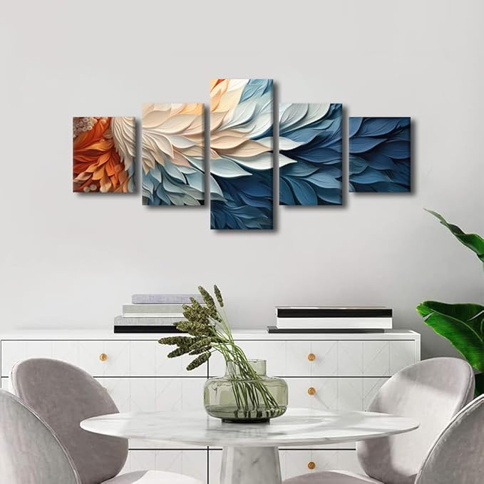 Canvas Wall Art for Bedroom Modern 5 Panel Colorful Abstract Wall Art Blue White Orange Feather Leaf Poster Printing for Men Lady Living Room Home Wall Decor Stretched Ready to Hang 50x24 in