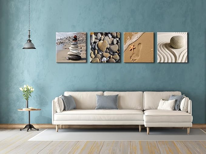 Wieco Art Canvas Prints Wall Art Romantic Beach Theme Zen Stone Pictures Paintings for Living Room Kitchen Home Decor Large Modern 4 Panels Stretched and Framed Seascape Sea Beach Artwork L