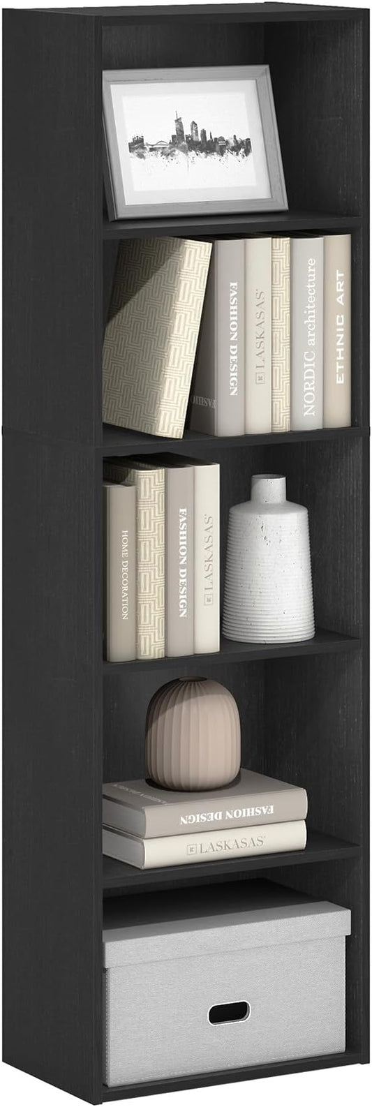 Furinno LUDER Book Shelf, 5-Tier Bookshelf, Bookcase with Open Shelves, 9.4 x 15.8 x 52, Easy Assembly, for Living Room, Bedroom, Home Office, Darkwood