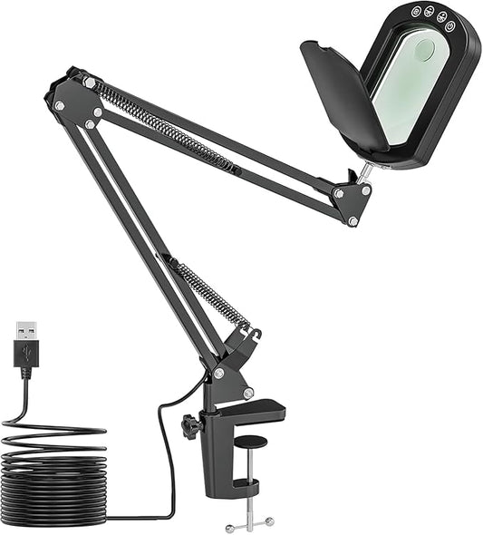 Magnifying Glass with Light and Clamp, 15X 10X Desk Rectangle Magnifying Lamp with Dust Cover, 5 Color Modes, 84 LED Lighted Magnifier Hands Free, Table Lamp with Touch Button for Repair Crafts Hobby