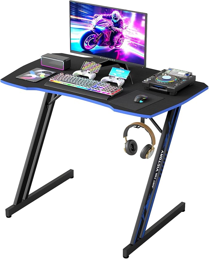 BestOffice Gmaing Desk 35 in PC Computer Desk Z Shaped Gaming Workstation Ergonomic Gaming Table with Headphone Hook for Home Office,Black&Blue