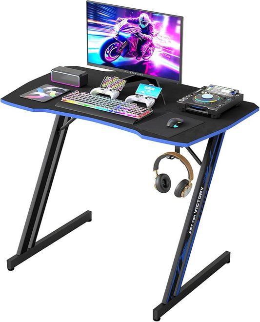 BestOffice Gmaing Desk 35 in PC Computer Desk Z Shaped Gaming Workstation Ergonomic Gaming Table with Headphone Hook for Home Office,Black&Blue