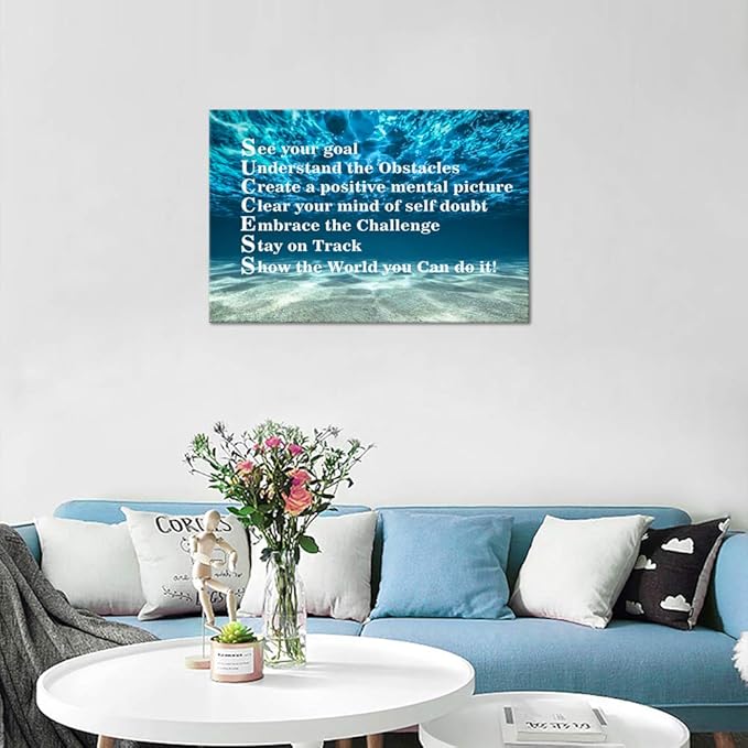 Inspirational Canvas Wall Art Motivational Posters Success Painting Blue Ocean Sea Pictures Positive Motto Office Quotes Prints Artwork for Living Room Teen Bedroom Framed Easy to Hang-16x12 inches
