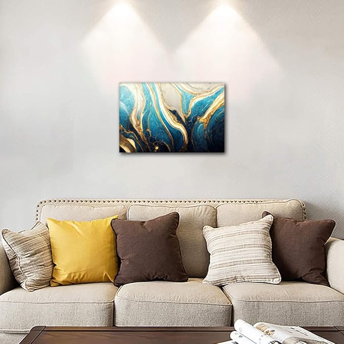 Abstract Wall Art for Living Room 1 Panel Modern Canvas Artwork Decor Turquoise Gold and White Colors Marble Art Poster Prints on Canvas for Men Lady Office Wall Decor Framed Ready to Hang 18x12 in