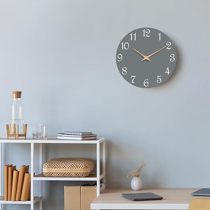 Wall Clock 12 Inch, Modern Wall Clocks Battery Operated, Silent Non Ticking Clock Decorative for Living Room, Office, Bedroom, Home, School (Gray)