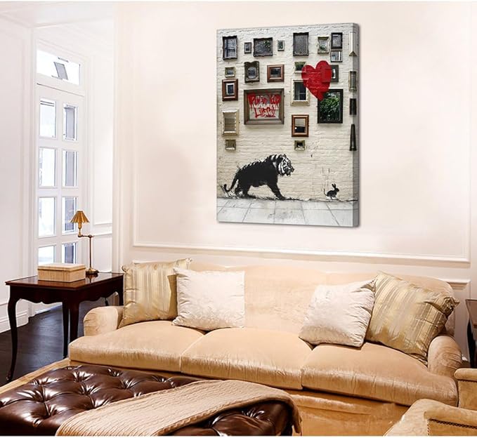 Modern Home Office Wall Decor Paintings Run for Your Lives Motivational Graffiti Artwork Tiger and Rabbit Poster and Prints Framed Easy to Hang-24x36 inch