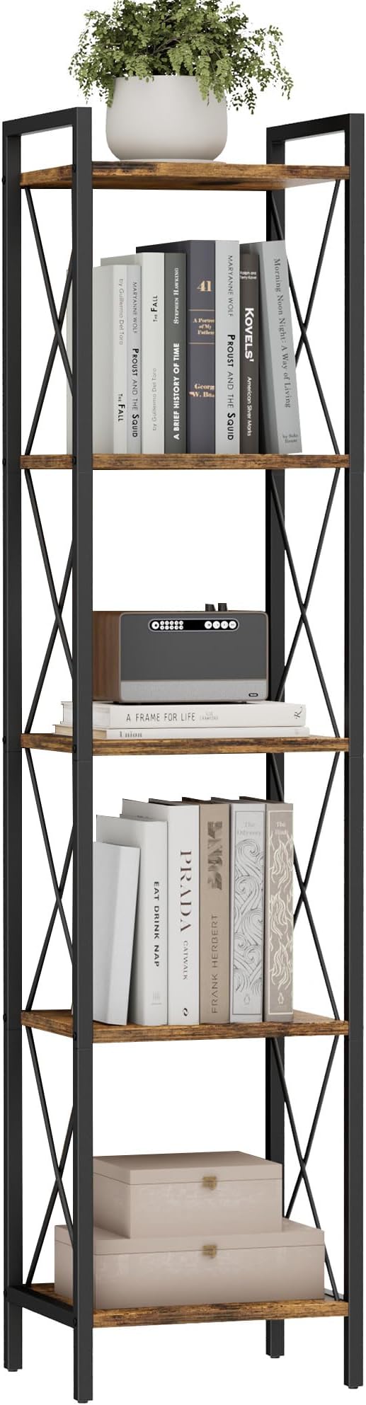 Homhedy 5 Tier Bookshelf, Tall Narrow Bookcase for Small Space, Metal Storage Book Shelf, for Home Office, Living Room, Kitchen, Bedroom, Industrial Style, 10.4" D x 13" W x 55.1" H, Rustic Brown