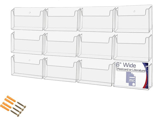 Marketing Holders Post Card Holder Acrylic 12 Slots Hold 6" Printed Media Wall Mount Hanging Hardware Included Use at Community Centers Gift Shops Motels Airports Historical Sites Convenient Clear