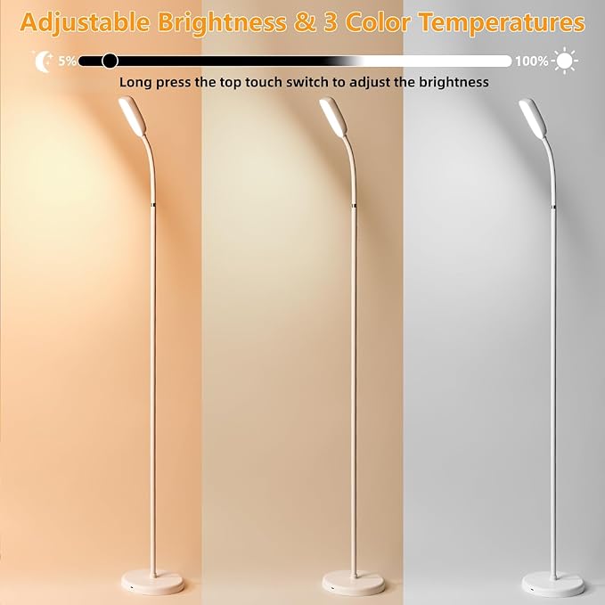 Cordless Portable Floor Lamp, Adjustable Gooseneck with Touch Switch, 3 Color Modes, Lightweight & Rechargeable for Living Room, Bedroom, Office, Reading, Camping, RV, Piano, Indoor Outdoor-White