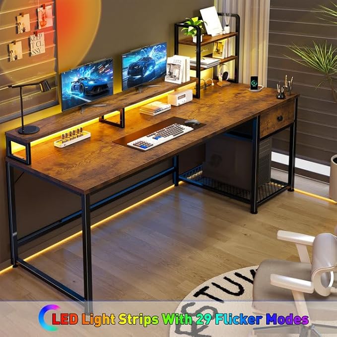 EnHomee 55 Inch Computer Desk with Hutch and Drawers,Reversible Home Office Desk with Monitor Shelf,Gaming Desks with USB Power Outlets,Writing Gaming Table for Office with LED Lights,Rustic Brown