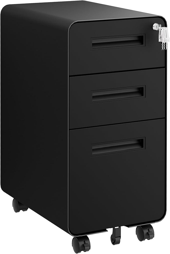 3 Drawers Slim File Cabinet, Mobile Filing Cabinet with Lock, Steel, Fully Assembled Except Casters, for Home Office, for A4, Letter, Legal File Folders, Black