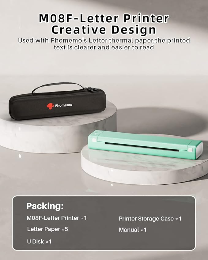 Phomemo Portable Printers Wireless for Travel, Thermal Bluetooth Printer Support for 8.5"x11" US Letter, Small Inkless Printer Compatible with iOS, Android, Laptop for Car, Office, Home，Green