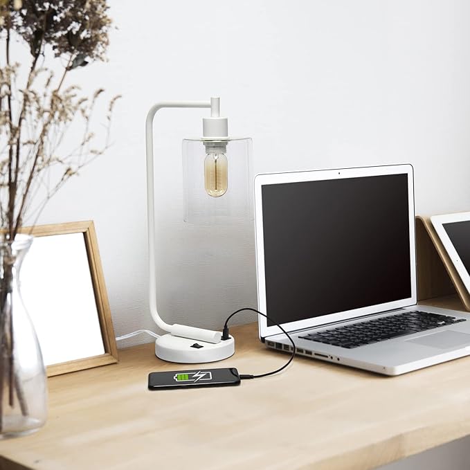 Simple Designs LD1066-WHT Bronson Antique Style Industrial Iron Lantern Desk Bedside Table Lamp with Dual 2 USB Charging Ports and Glass Shade, White