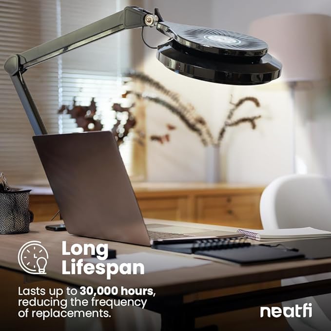 Neatfi LED Desk Lamp | 3,000 Lumens | 30W | 320 SMD LEDs | Dimmable | 3000K–6500K Color Temperature | Adjustable Desk Light for Home, Office, or Workbench (Black)