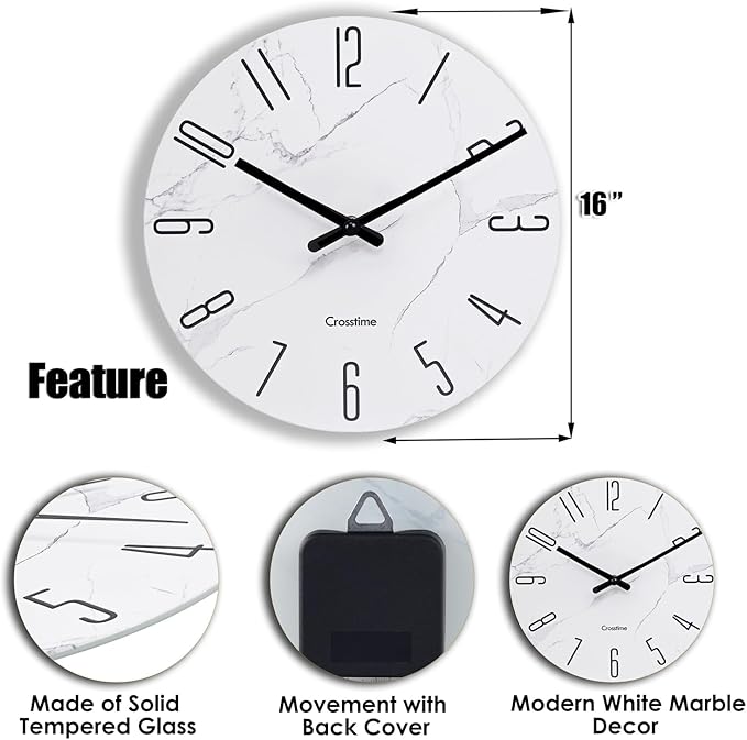 16 Inch Wall Clock White Marble Grain - Battery Operated Silent Modern Farmhouse Decor Quartz Round Analog Clock for Kitchen, Bathroom, Living Room