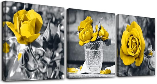 TTHYUEWS Canvas Wall Art For Bedroom Decor Kitchen Living Room Girls Decorations Black And White Pictures Artwork Yellow Rose Flowers Prints Bathroom Home 3 Piece