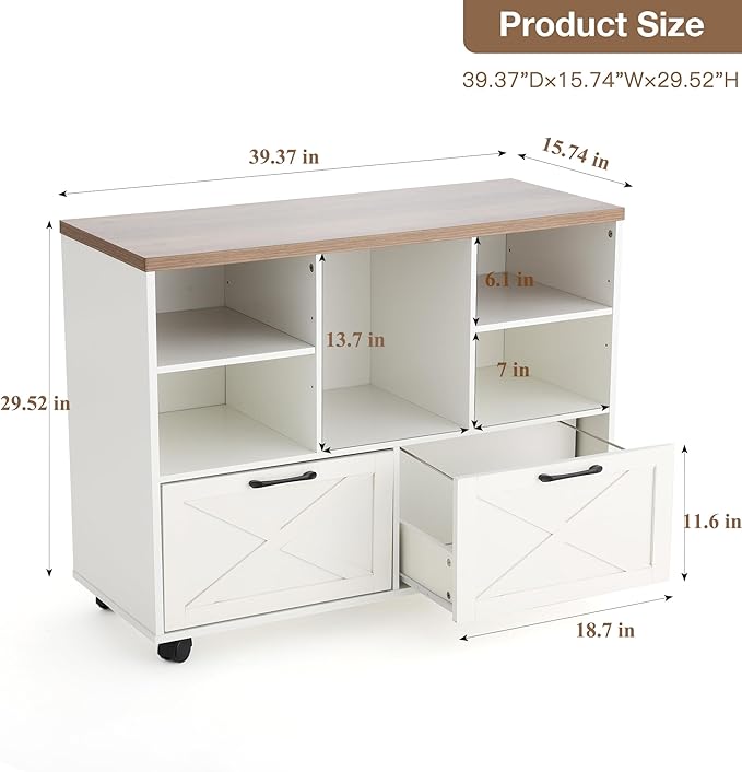 HOMREST 39.3" Lateral File Cabinet with Wheels, Farmhouse Wood File Cabinet with Drawers, Small Home Office File Cabinet with Thick Countertop, Rolling File Cabinet for Legal/Letter/ A4 Size, White