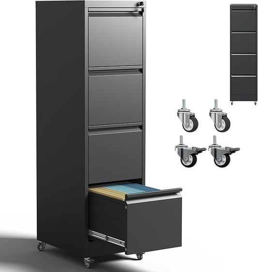 4 Drawer Mobile File Cabinet with Lock,Black Metal Locking Filing Cabinets,Vertical File Cabinet for Home Office,Rolling Storage Cabinet for A4/Letter/Legal Size File,Assembly Required