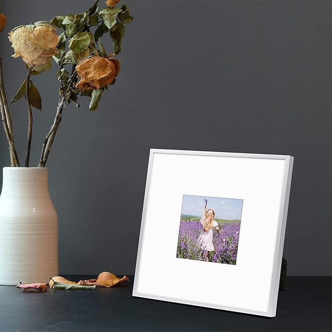 Golden State Art, Gallery Wall Frame Set of 6 - Silver 8x8 Aluminum Photo Frames with Mat for 4x4 Pictures - 8 x 8 inch Metal Frame with Real Glass Cover - Elegant Home or Office Decor