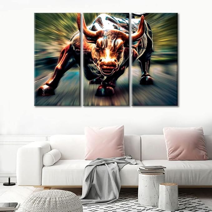 TUMOVO Living Room Wall Decor 3 Panel Colored Copper Bull Picture Print on Canvas Symbol Strength and Courage Artwork Canvas Prints Picture Home Decoration Framed Ready to Hang - 42" Wx28 H