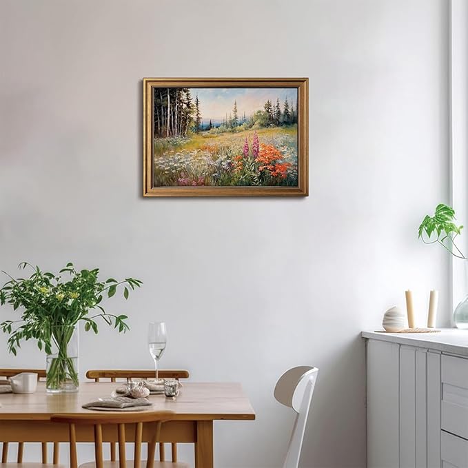 Gold Framed Wall Art Vintage Floral Canvas Wall Art Wildflower Field Rustic Landscape Sunset Sky Artwork Prints Picture for Living Room Bedroom Farmhouse Bathroom Office Decor, 16x24