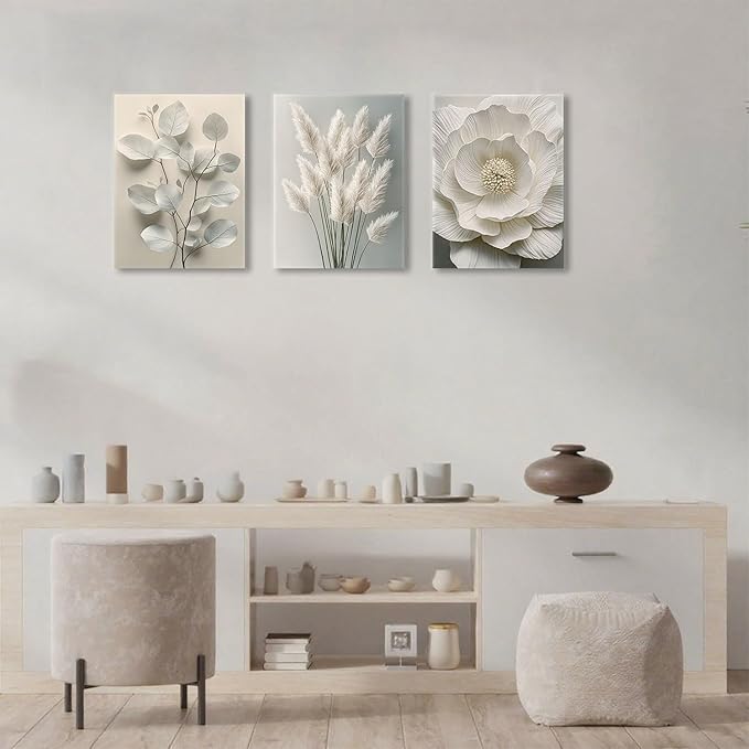 TUEASKY 3 Piece Canvas Wall Art Floral Wall Decor Neutral Pictures Flower Art Prints Botanical Paintings Beige Artwork For Bedroom Living Room