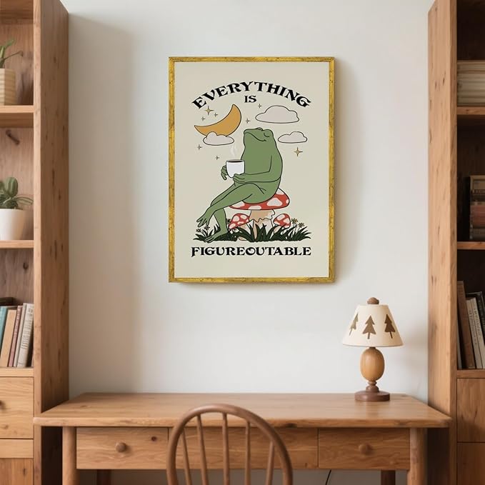 Everything Is Figureoutable Motivational Wall Art Funny Frog Coffee Inspirational Poster Positive Quote Daily Reminder Canvas Print Affirmation Wall Decor for Home Office 24x36inch Golden Framed