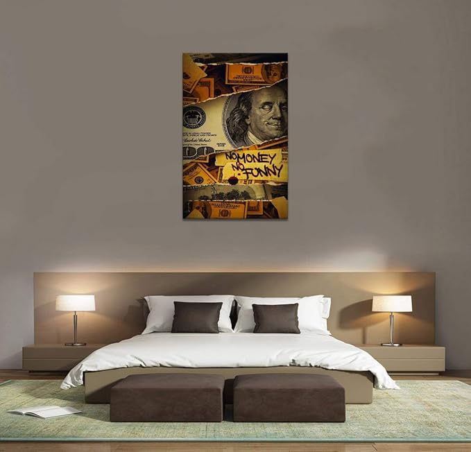 Canvas Trend Large Size Money Wall Art No Money No Funny Wall Art Vintage Home Wall Paintings Franklin Dollar Bill Artwork Gift for Friends Lovers Framed Ready to Hang-28x44 inch