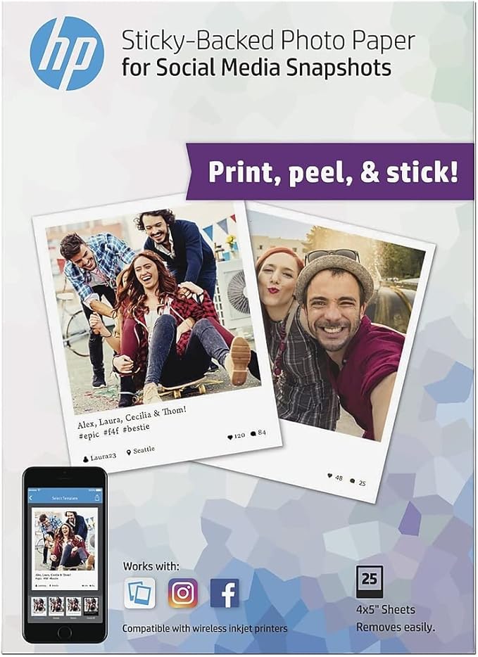 HP Photo Paper, Sticky Back Social Media Snapshots, (4x5 inch), 25 Sheets, Model:1BG59A