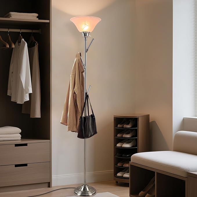Tall Floor Lamp for Living Room, Torchiere Floor Lamps with 6 Hooks Clothes Rack, Coat Tree of Standing Lamp for Bedroom Office Corner