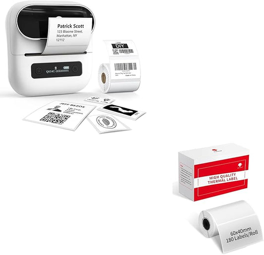Phomemo M220 Label Maker White & 1 Roll Transparent Thermal Label 2.36" x 1.57"(60x40mm), Upgrade 3 Inch Barcode Portable Printer, for Office & Small Business, Compatible with Phones&PC