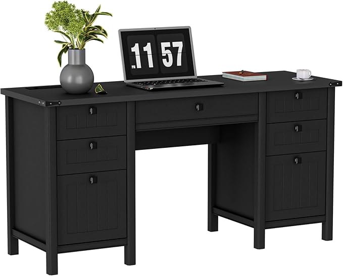 Farmhouse Executive Desk with Drawers - 62" W Farmhouse Computer Desk with Power Outlets & USB Charging, Heavy Duty Storage Desk for Home Office & Study.Black