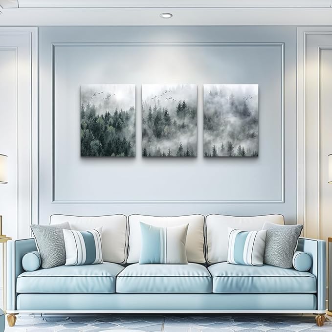 MHARTK66 Canvas Wall Art for Living Room - Modern Decorations for Bedroom, Foggy Forest Trees Landscape Painting - Office Decor Ready to Hang, Framed Pictures, 12x16 3 Panels