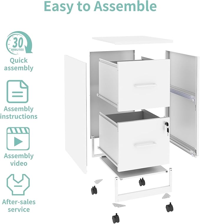 2 Drawer File Cabinet with Wheels, Metal Mobile Filing Cabinets with Lock, Vertical File Cabinet for Home Office, Rolling Storage Cabinet for A4/Letter/Legal Size File, Assembly Required, White