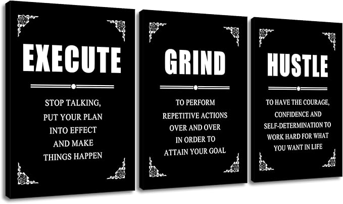 Motivational Canvas Wall Art Execute Grind Hustle Poster Print Inspirational Entrepreneur Positive Quotes Picture Painting Suitable for Office Gym Living Room Wall Decor Easy to Hang [60''Wx28''H]