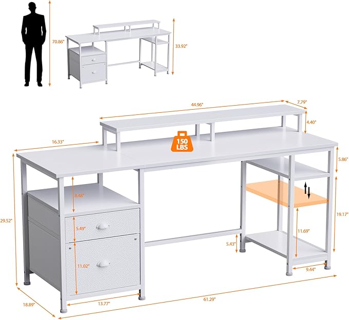 Furologee 61" Computer Desk with Fabric File Cabinet & Drawer, Reversible White Table with Storage Shelf, Office Desk with Long Monitor Stand, Writting Table Workstation, for Home/Office/White