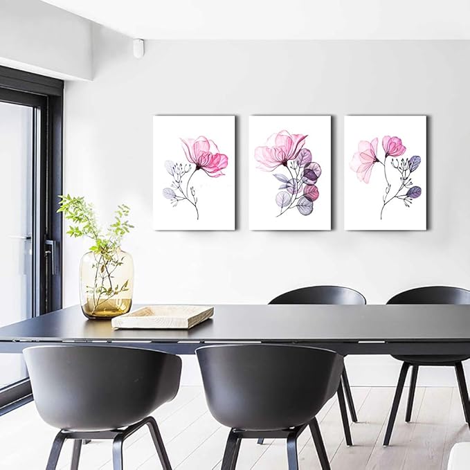 Modern pink flowers Canvas Wall Art for bedroom Living Room,Bathroom Wall Decor,3 Panels Wall Painting Home Decoration kitchen Canvas Print Abstract watercolor flowers and leaves artwork wall mural