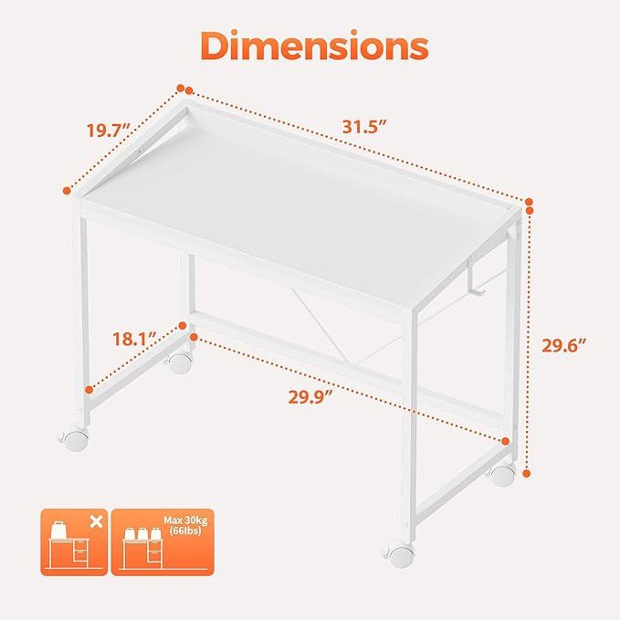 Mericonia 32 inch Rolling Computer Desk with Wheels, Gaming Desk for Small Spaces, Modern Simple Style Table for Home Office, Study Writing Table
