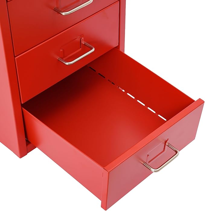 6-Drawer Metal File Cabinet, Mobile File Cabinet with Lock, Rolling Vertical Filing Drawers Under Desk for Home Office, 11 * 16 * 27in (Red)